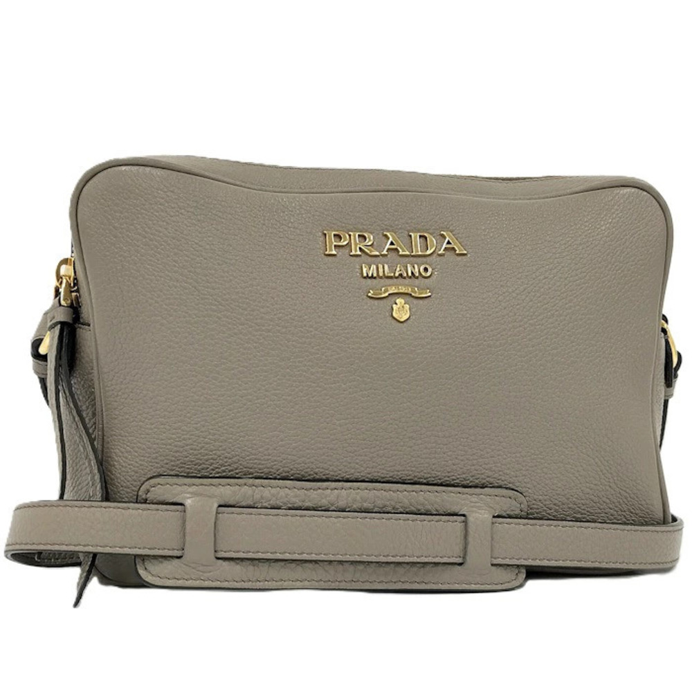 Prada Camera Bag Shoulder Double Zip Leather Greige Gray